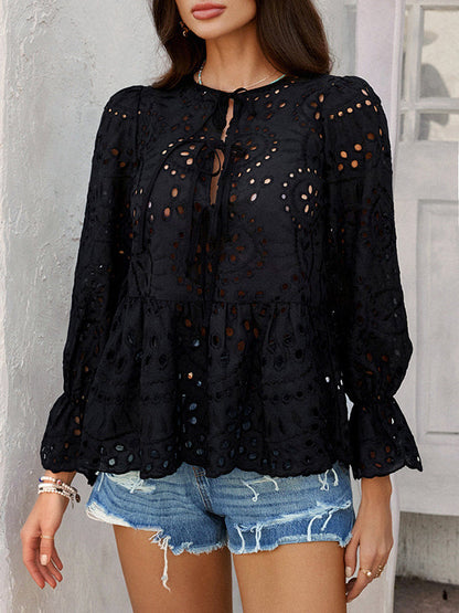 Long Sleeves Loose Elasticity Hollow Pleated Solid Color Tied Round-Neck Blouses&Shirts Tops