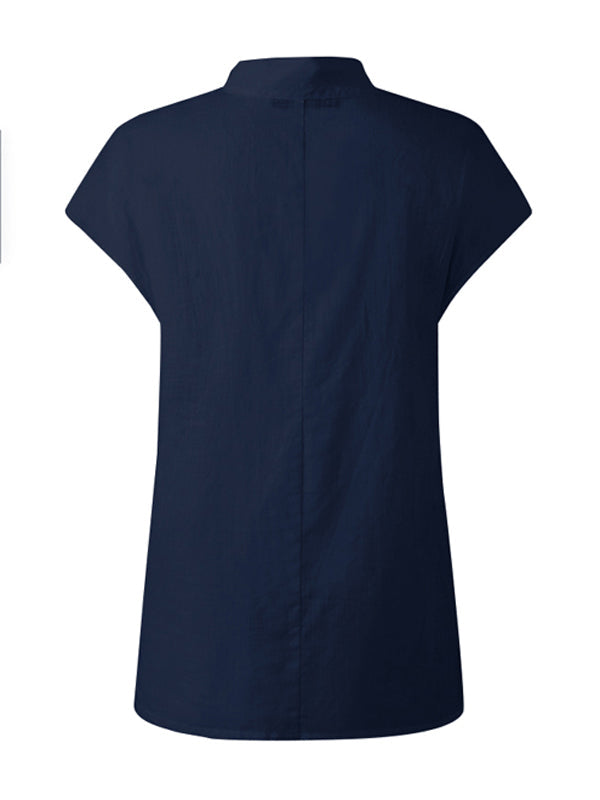 Solid Color Stand Collar Cap-Sleeve Shirts