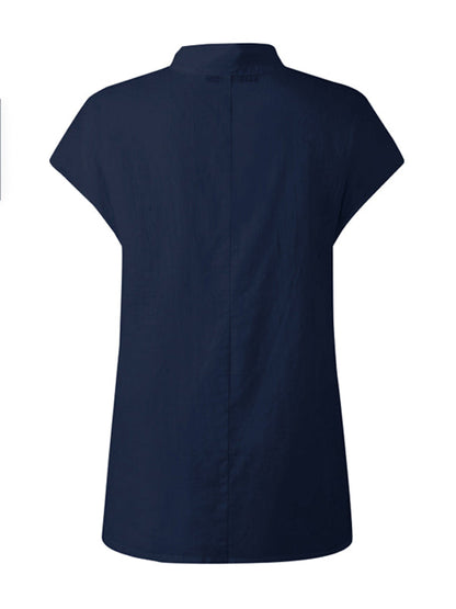 Solid Color Stand Collar Cap-Sleeve Shirts