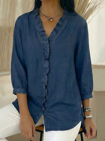 Loose Plus Size Ruffle Trim Solid Color V-Neck Blouses&Shirts Tops