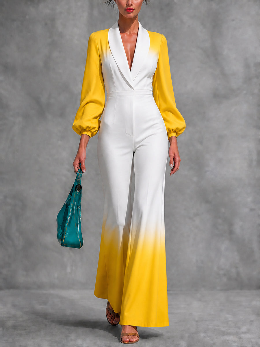 Zipper Pleated Gradient Puff Sleeves Long Sleeves V-neck Jumpsuits