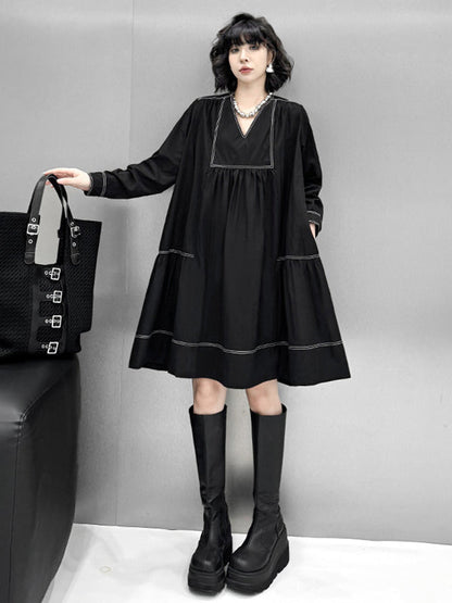 A-Line Long Sleeves Comfort Contrast Color Pleated V-Neck Mini Dresses