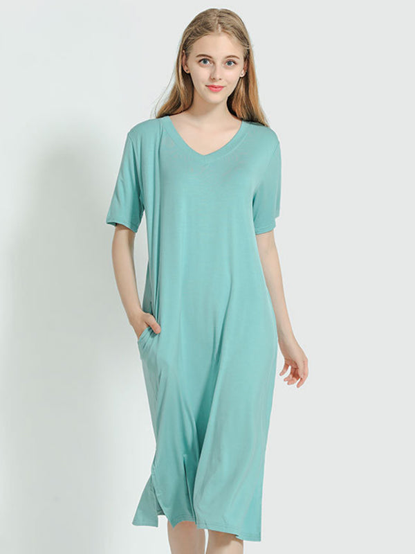 Simple Short Sleeves Loose Split-Side Solid Color V-Neck Pajamas Dress