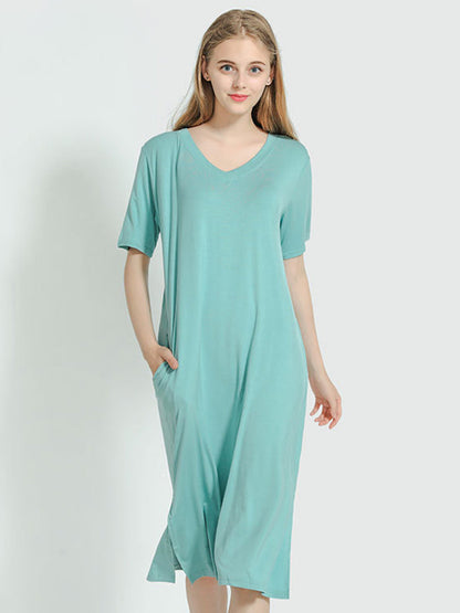 Simple Short Sleeves Loose Split-Side Solid Color V-Neck Pajamas Dress
