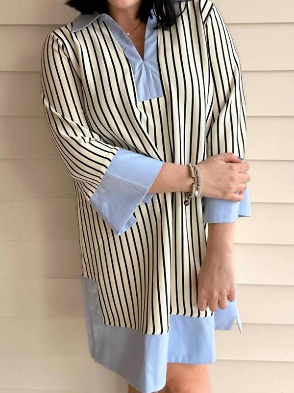 Loose Three-Quarter Sleeves Contrast Color Striped Stand Collar Mini Dresses