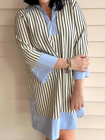 Loose Three-Quarter Sleeves Contrast Color Striped Stand Collar Mini Dresses