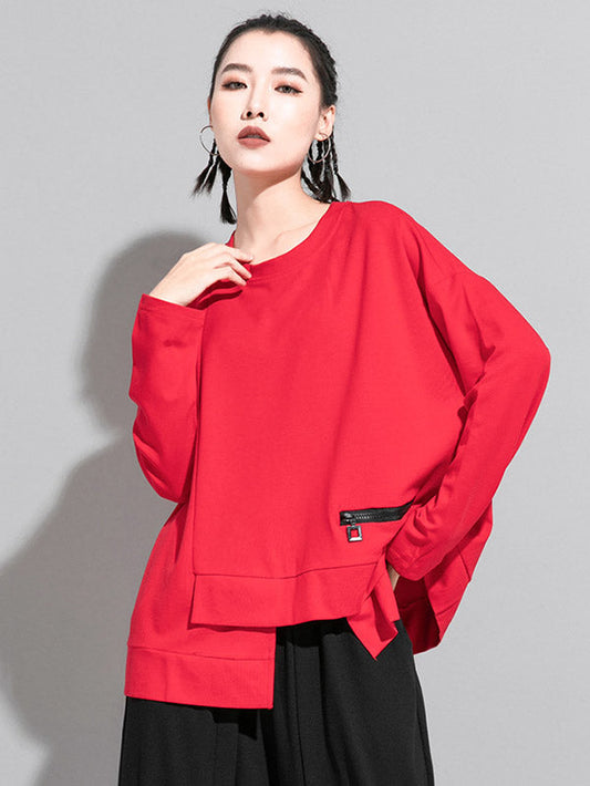 Einfarbiges, asymmetrisches, lockeres T-Shirt mit geteiltem Reißverschluss 