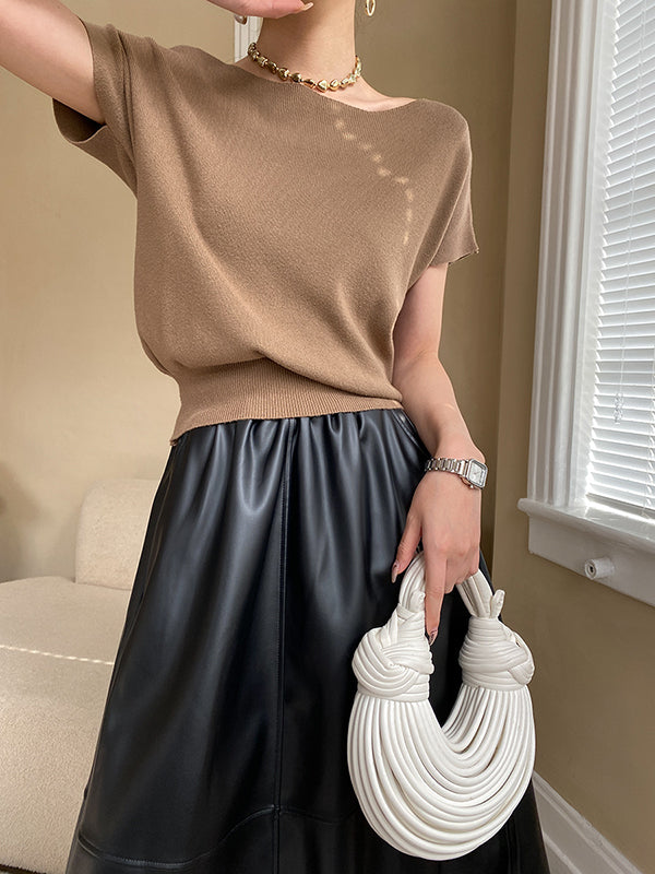 Stylish Loose Solid Color Boat Neck Knitwear Pullovers Tops KHAKI One_size