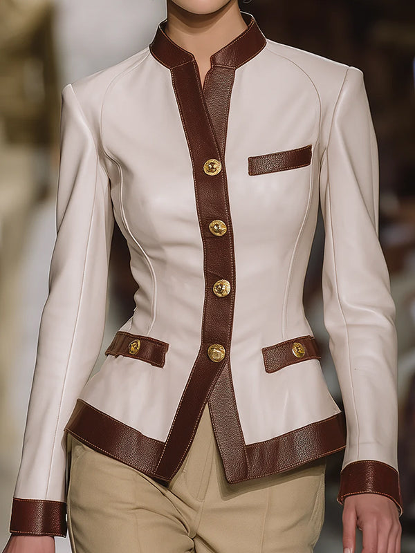 Long Sleeves Buttoned Contrast Color Split-Joint Stand Collar Jackets Outerwear