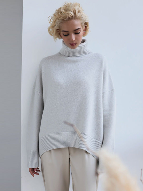 Casual Long Sleeves Loose Solid Color High-Neck Sweater Tops LIGHT GRAY