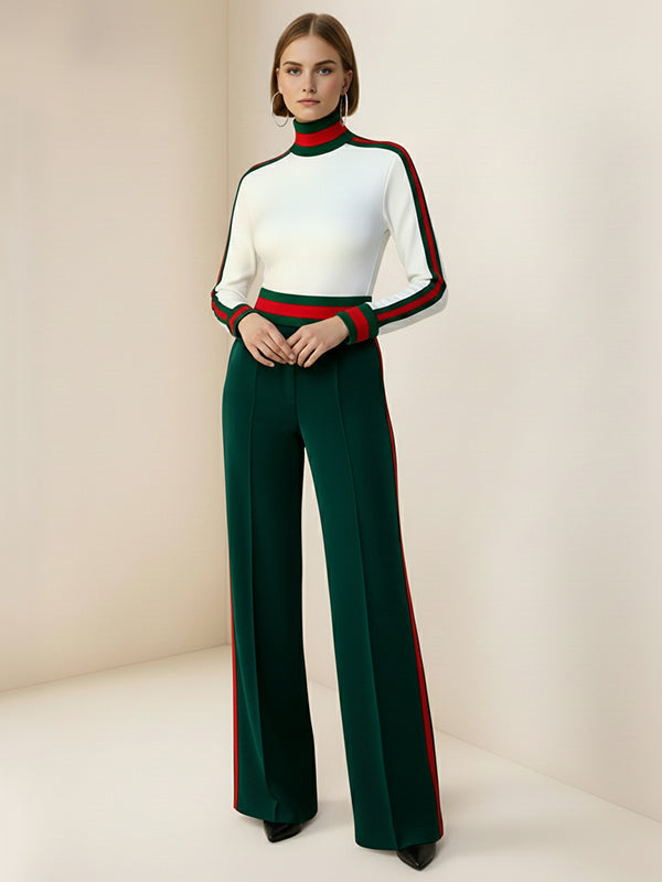 Loose Wide Leg Contrast Color Pockets Split-Joint Striped Pants