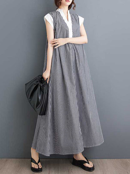 Cap Sleeve Loose Buttoned Striped Lapel Maxi Dresses Shirt Dress
