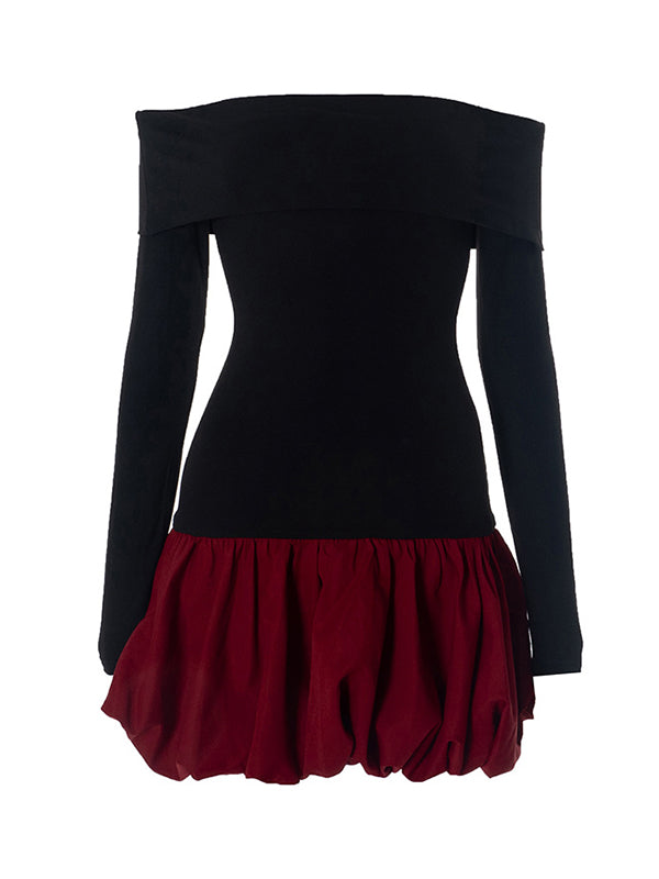 Mini-robes taille haute, manches longues, couleur contrastée, plissées, fendues, épaules dénudées 