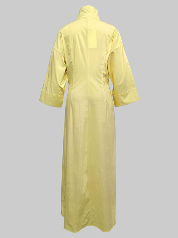 Robe chemise longue trapèze taille haute plissée couleur unie col en V 