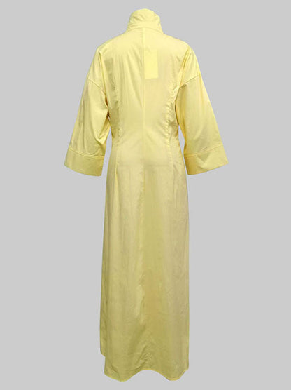 Robe chemise longue trapèze taille haute plissée couleur unie col en V 