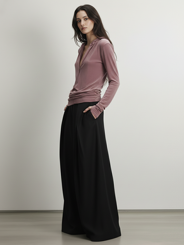 Long Sleeves Skinny Pleated Solid Color Split-Joint Zipper Deep V-Neck Hoodies&Shirts