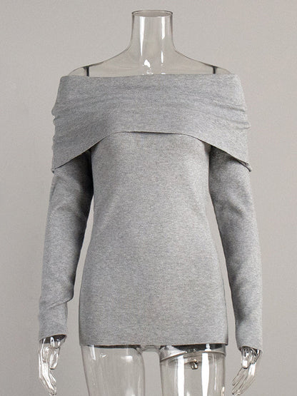 Long Sleeves Loose Solid Color Off-The-Shoulder Pullovers Sweater Tops