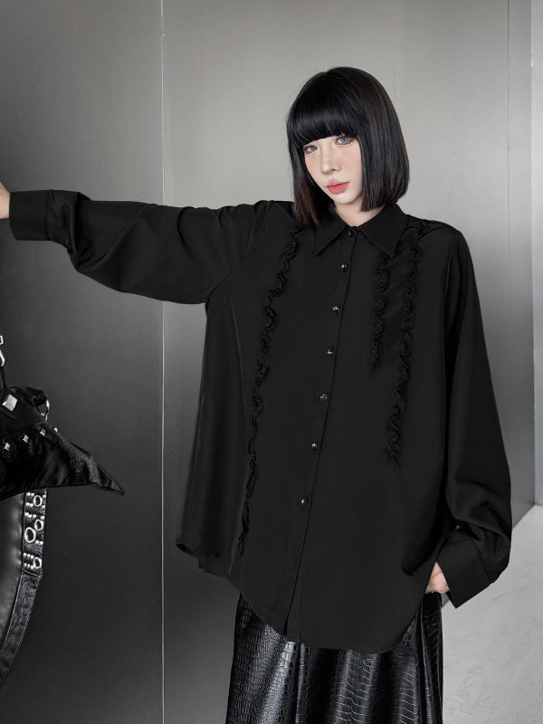 Hipster Long Sleeves Buttoned Falbala Ruffled Solid Color Split-Joint Lapel Blouses&Shirts Tops