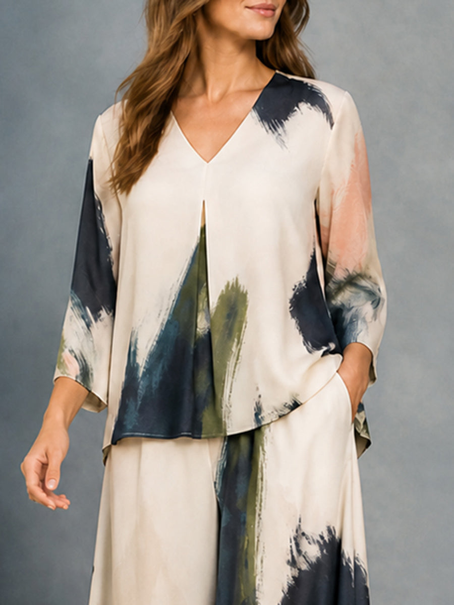 Versatile Printed Three-quarter Sleeves Loose V-neck Blouses&shirts Tops