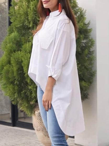 Split-Joint Solid Color Pockets Buttoned Loose Long Sleeves Lapel Blouses&Shirts Tops