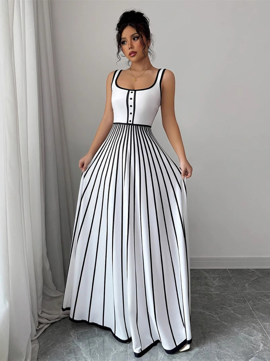 A-Line Sleeveless Contrast Color Pleated Split-Joint Striped Spaghetti-Neck Maxi Dresses