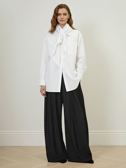 Long Sleeves Loose Buttoned Neckerchief Pockets Solid Color Lapel Blouses&Shirts Tops