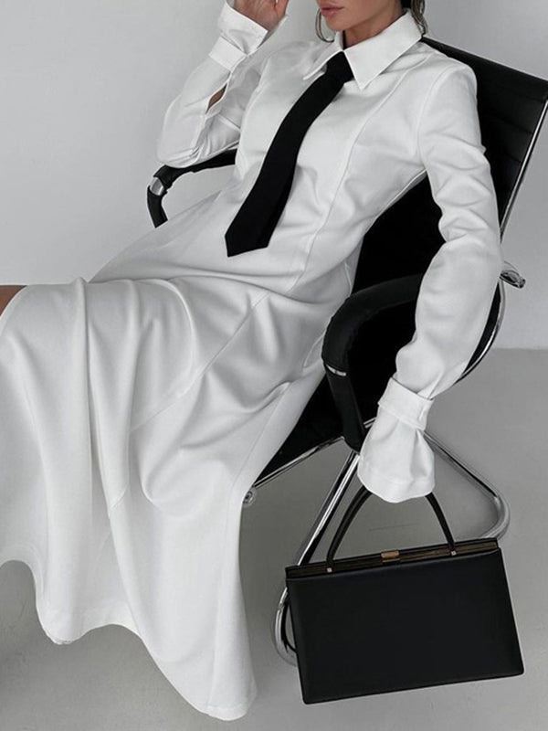 Robe chemise longue à manches évasées et boutonnée, couleur unie, fendue sur le côté et à revers 