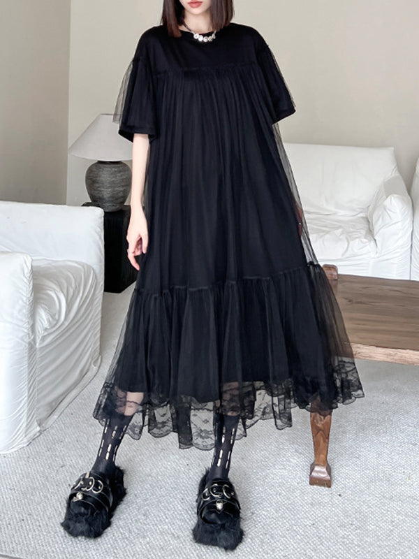 Fake Two-Piece Loose Gauze Pleated Solid Color Split-Joint Tiered Round-Neck Midi Dresses