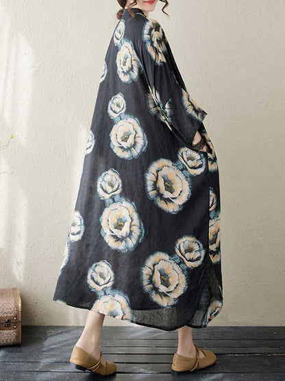 Robe mi-longue ample à manches trois-quarts et col montant, boutonnée et imprimée de fleurs 