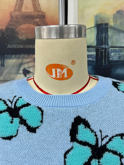 Original Long Sleeves Loose Butterfly Print Contrast Color Round-Neck Sweater Tops