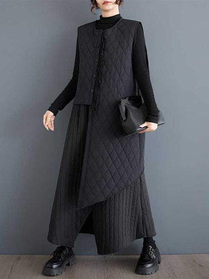 Gilet ample sans manches, asymétrique, boutonné, matelassé, couleur unie, col rond, rembourré 