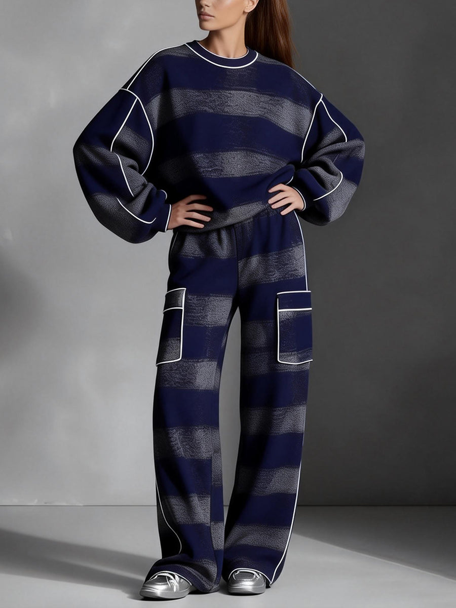 Loose Wide Leg Contrast Color Line Split-Joint Striped Pants