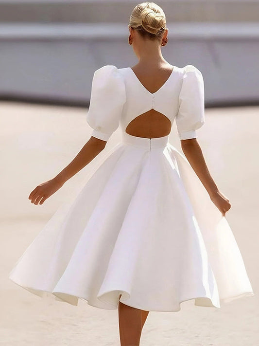 A-Line Half Sleeves Backless Pleated Solid Color Zipper Round-Neck Midi Dresses