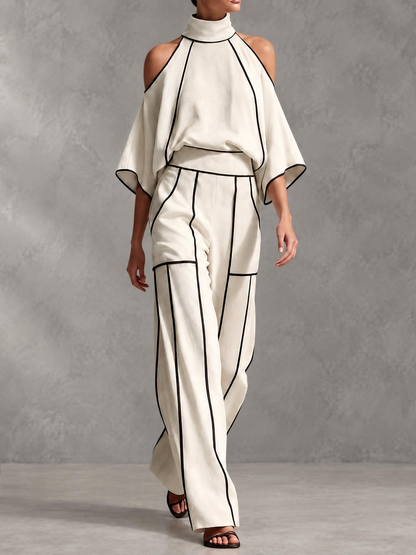 Striped Pockets Elasticity Contrast Color High Waisted Trousers Pants