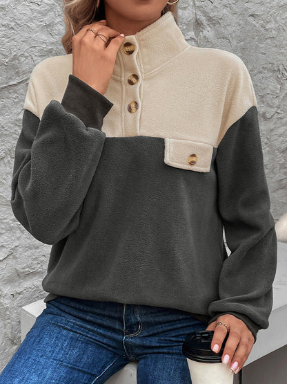 Sweat-shirt ample à manches longues, boutonné et contrasté, en velours, à col montant et à fentes 