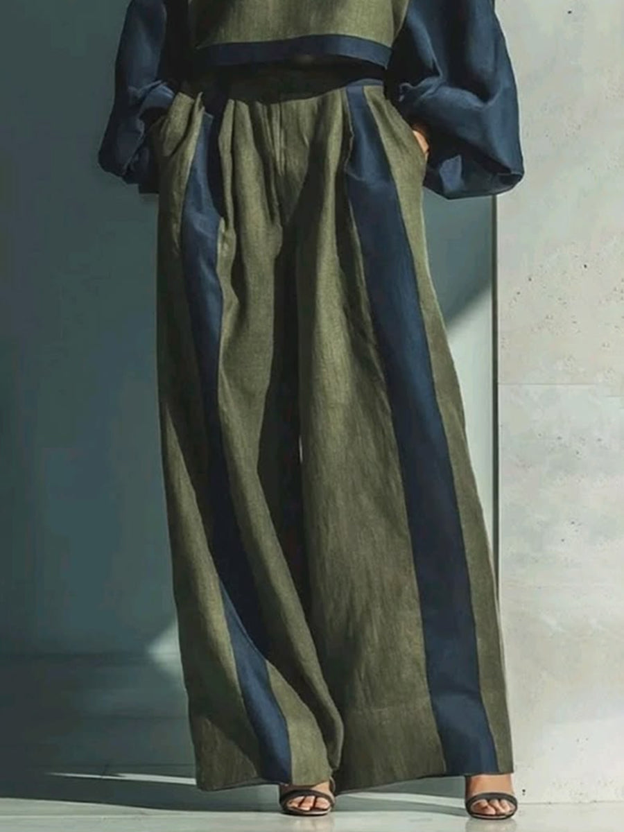 Split-Joint Pockets Elasticity Contrast Color Wide Leg High Waisted Trousers Pants
