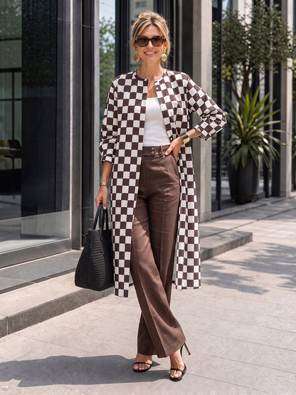 Plaid Contrast Color Buttoned Long Sleeves Round-neck Outerwear