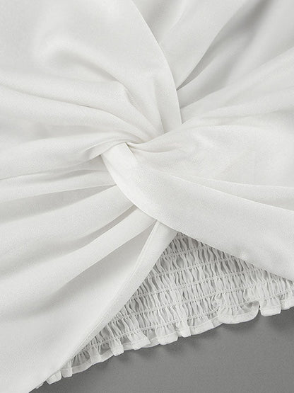 Loose Puff Sleeves Elasticity Pleated Solid Color Split-Joint V-Neck Blouses&Shirts Tops