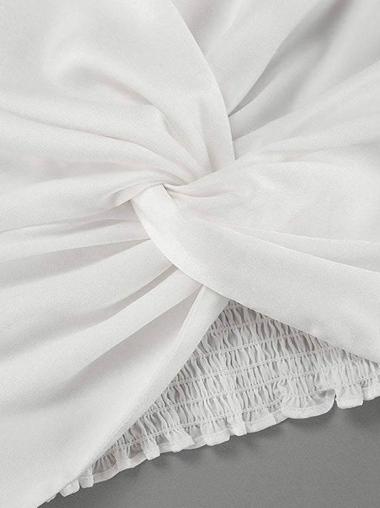 Loose Puff Sleeves Elasticity Pleated Solid Color Split-Joint V-Neck Blouses&Shirts Tops