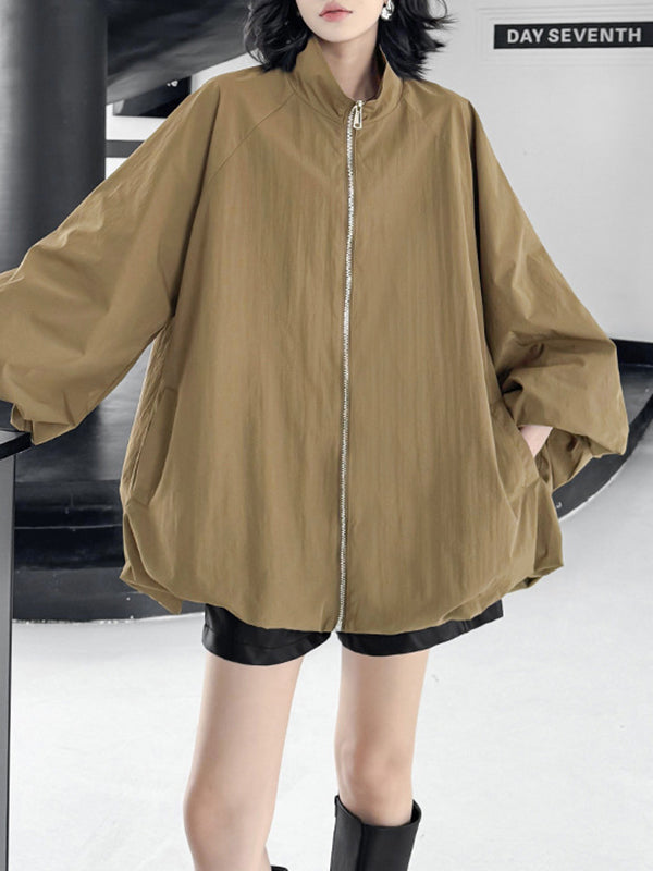 A-Line Long Sleeves Buttoned Solid Color Zipper Stand Collar Outerwear Windbreakers