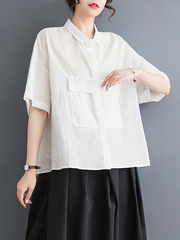 Loose Short Sleeves Solid Color Split-Joint Blouses