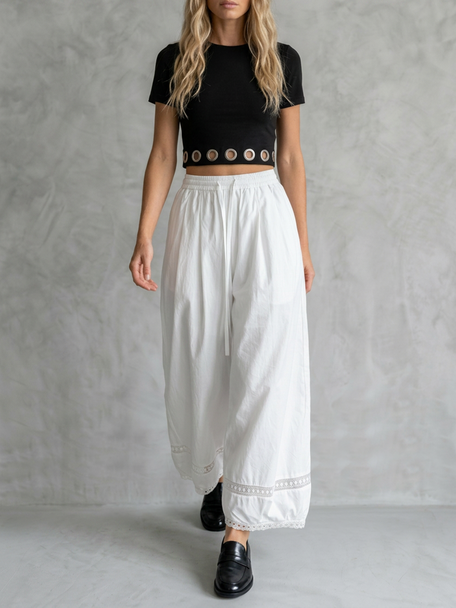 High Waisted Wide Leg Drawstring Elasticity Hollow Pockets Solid Color Split-Joint Pants Trousers
