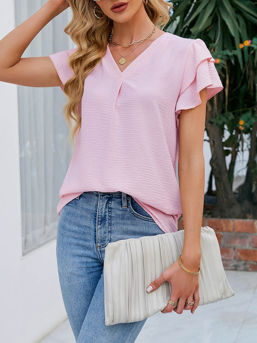Loose Ruffle Sleeves Solid Color Split-Joint Textured V-Neck Blouses&Shirts Tops