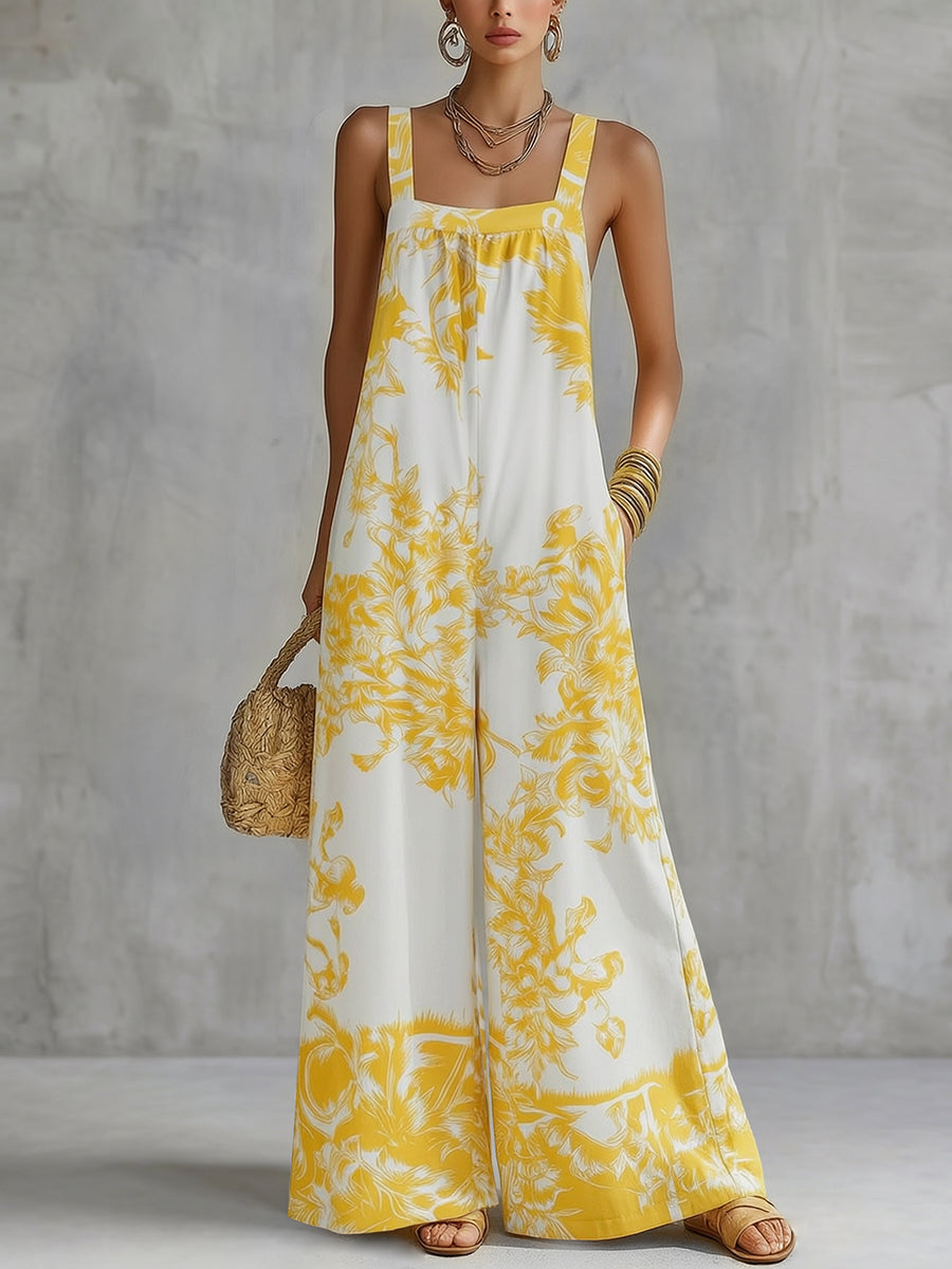 Pockets Pleated Flower Print Wide Leg Sleeveless Spaghetti-Neck Jumpsuits