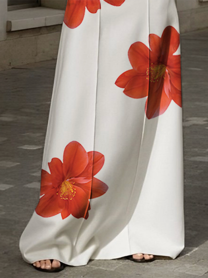 A-Line Loose Flower Print No Belt Skirts Bottoms