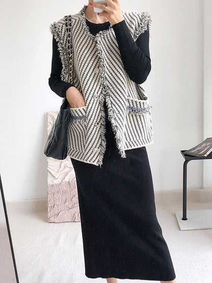 Gilet ample sans manches à poches boutonnées et à franges, rayé, col en V, vêtements d'extérieur 