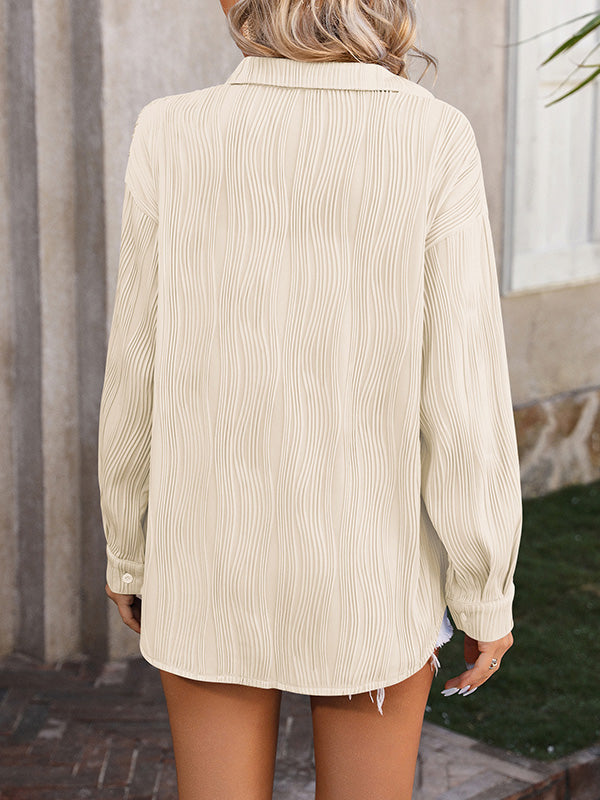 Long Sleeves Buttoned Jacquard Pleated Solid Color Blouses&Shirts Tops