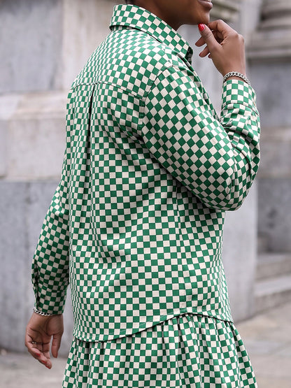 Plaid Contrast Color Buttoned Long Sleeves Lapel Blouses&shirts Tops