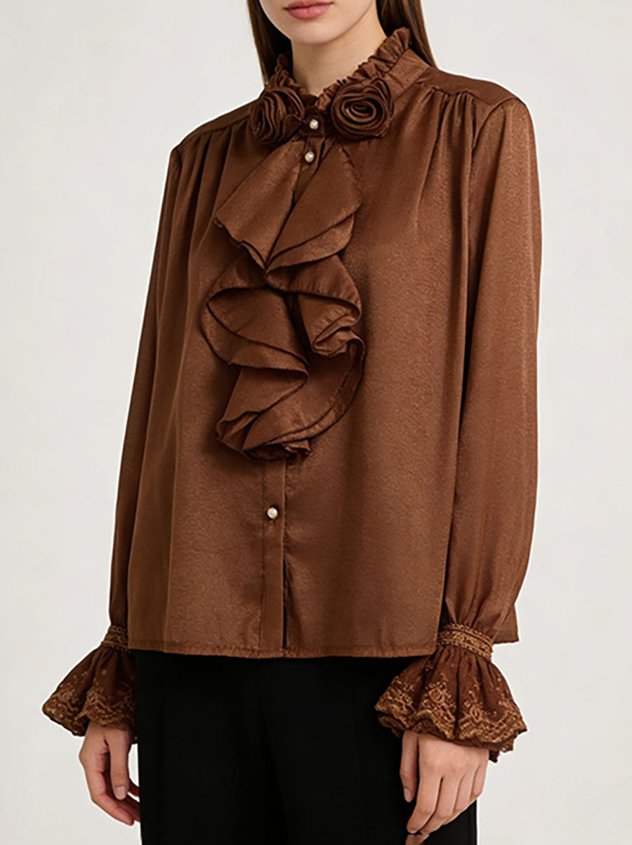 Long Sleeves Ruffle Sleeves Buttoned Pleated Ruffled Solid Color Split-Joint Stand Collar Blouses&Shirts Tops