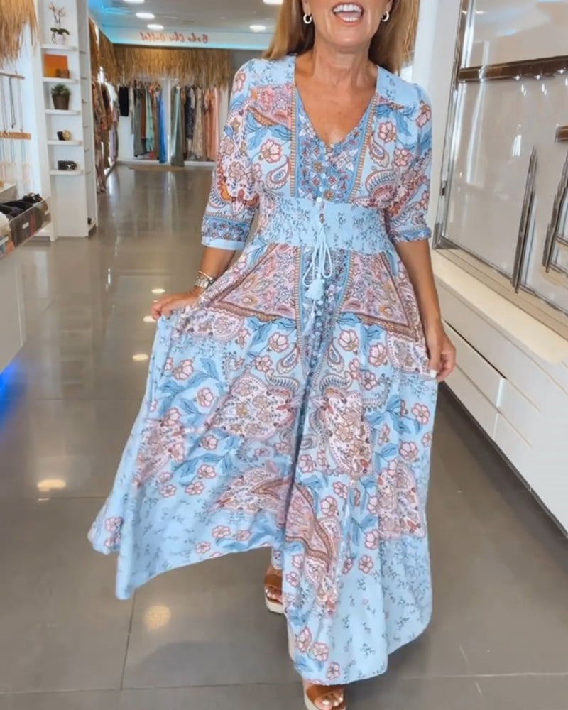 Solis | Women's Paisley Maxi Dress V-Neck 3/4 Sleeve Boho